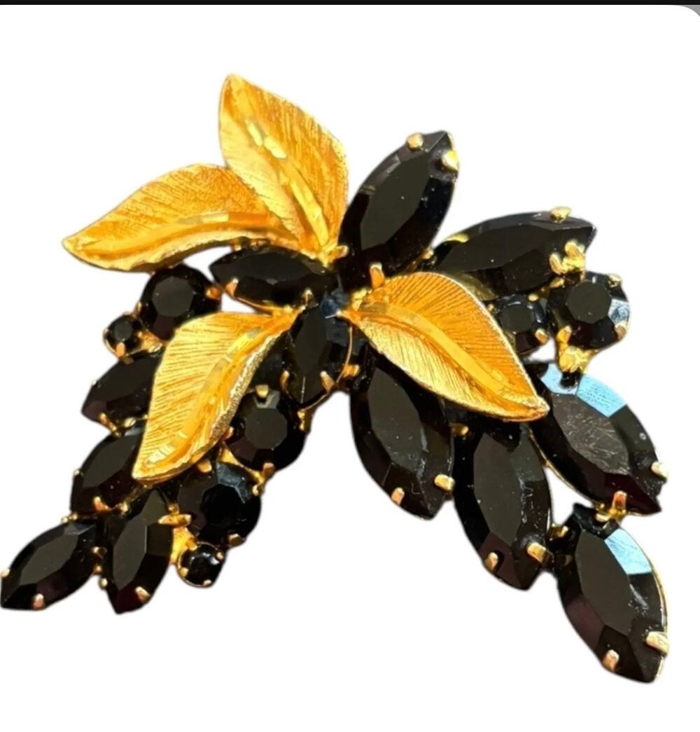 Vintage Black Navette Rhinestone Floral Spray Brooch Gold Tone Leaf Pin
